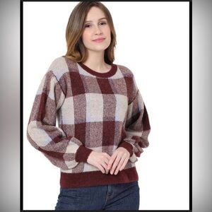 Vero Moda Burgundy and Cream Plaid Sweater